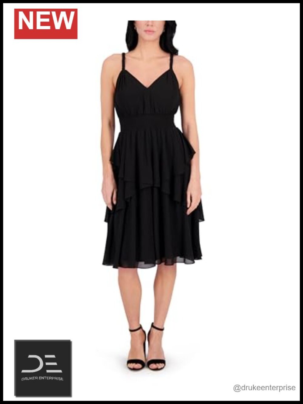 Womens Sleeveless V-Neck Souflee Crepe Tiered Midi Dress